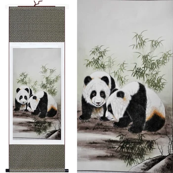 

Fast Shipping! 1 Set Silk Fabric Pictures Painting Cute Panda Chinese Painting Scrolls Modern Decorative Home Wall Decor