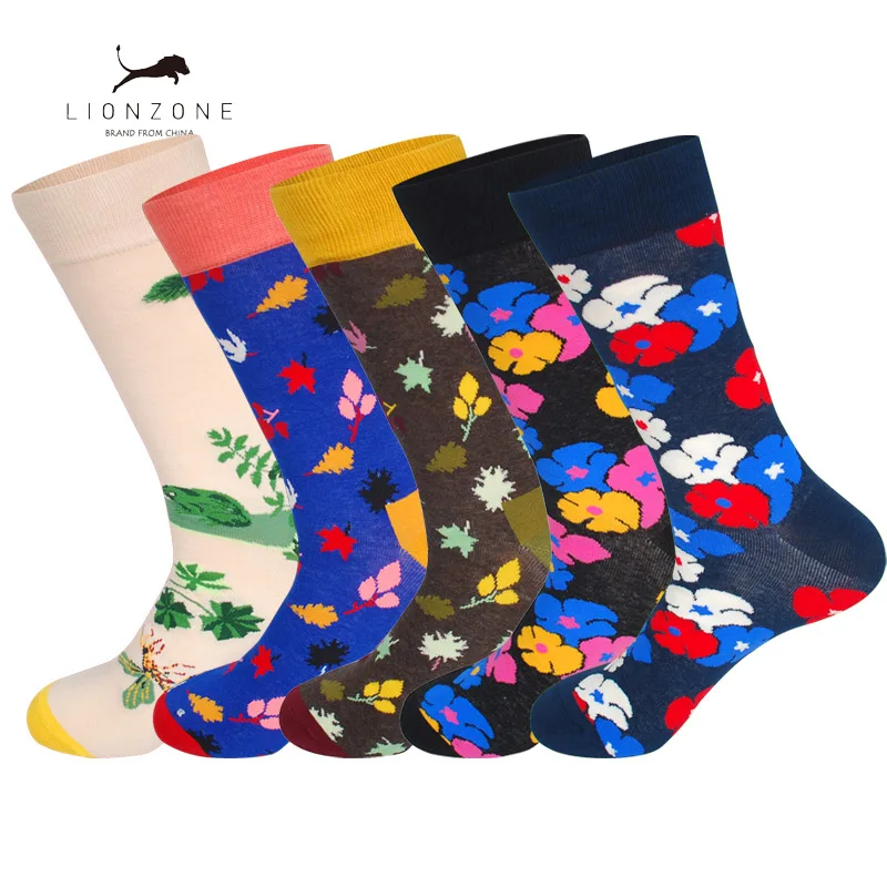 

LIONZONE 5Pairs/Lot Men Wedding Happy Socks Meias Coloridas Brand Designer Custom Patterns Colorful Cotton Long Socks