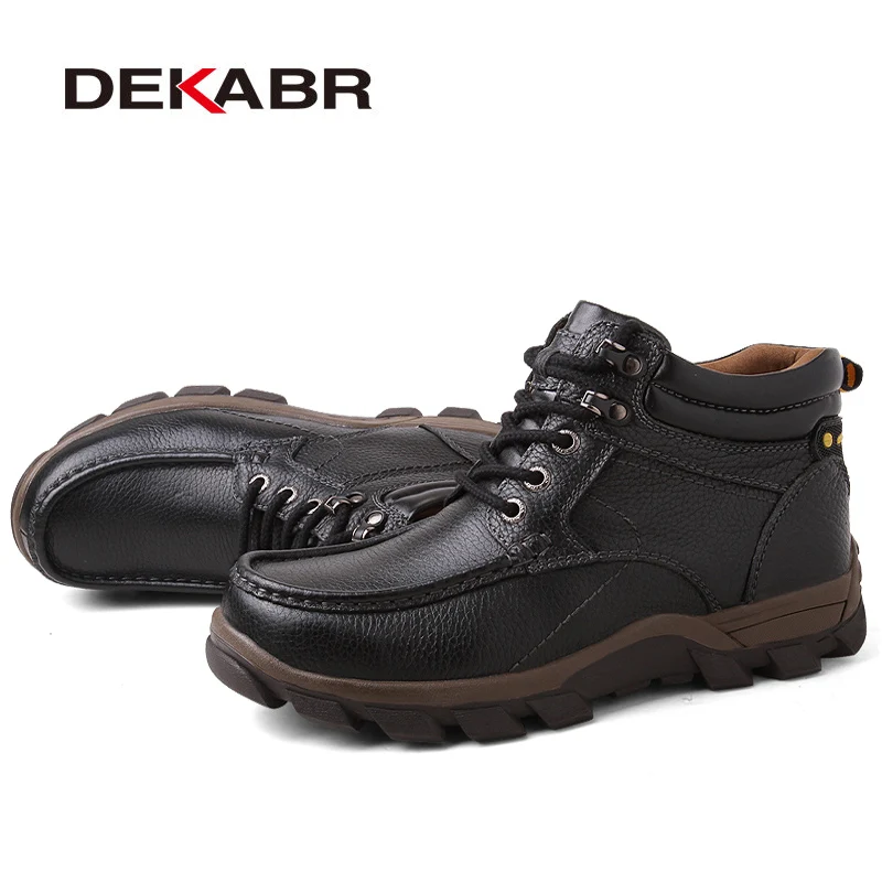 Мужские теплые водоотталкивающие ботинки DEKABR, черные рабочие ботинки из натуральной кожи для отдыха, с резиновой подошвой, в стиле ретро, большие размеры, зима