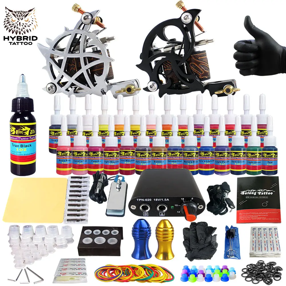 

Hybrid Complete Kit For Tattoo Liner and Shader Beginner Power Supply Foot Pedal Grips Needles Ink Set Tattoo Body&Art TK204-13