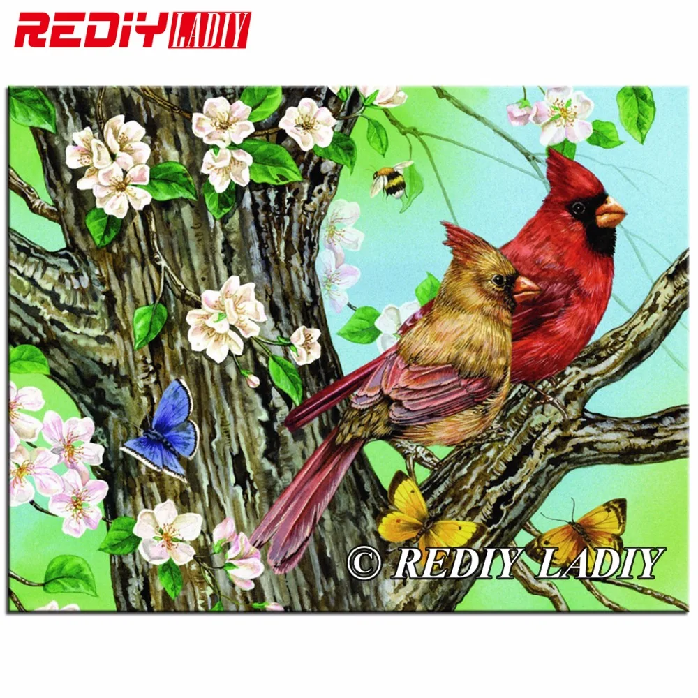 Red Cardinal Lovers DIY Round Crystal Rhinestone Diamond Embroidery