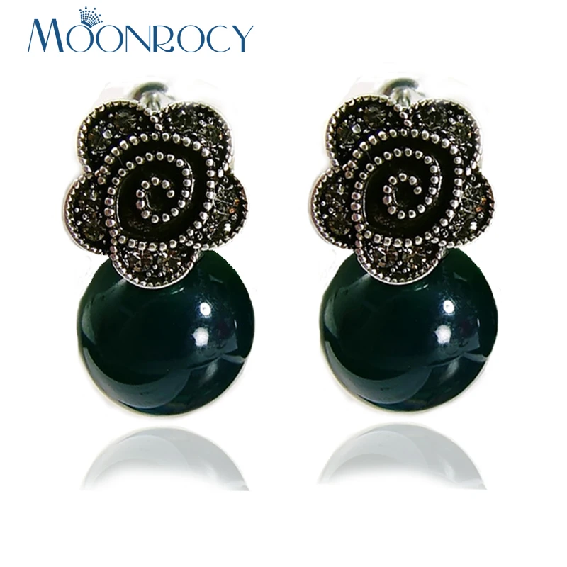 

MOONROCY Free Shipping Fashion Jewelry Wholesale Cubic Zirconia Vintage Crystal Opal Earrings Blue Red Flower for Women Gift