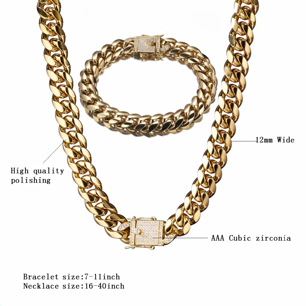 

12mm Miami Curb Cuban Link Necklace For Mens Womens With White Rhinestone Ice Out Necklace Hip Hop Jewelry 7''-40'' Inches