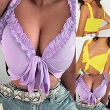 Vertvie женский жилет для бега с узлом, однотонный, гофрированный бандаж, короткий топ сексуальный, глубокий v-образный вырез, пуш-ап, фитнес-топы, Спортивная женская повседневная спортивная одежда