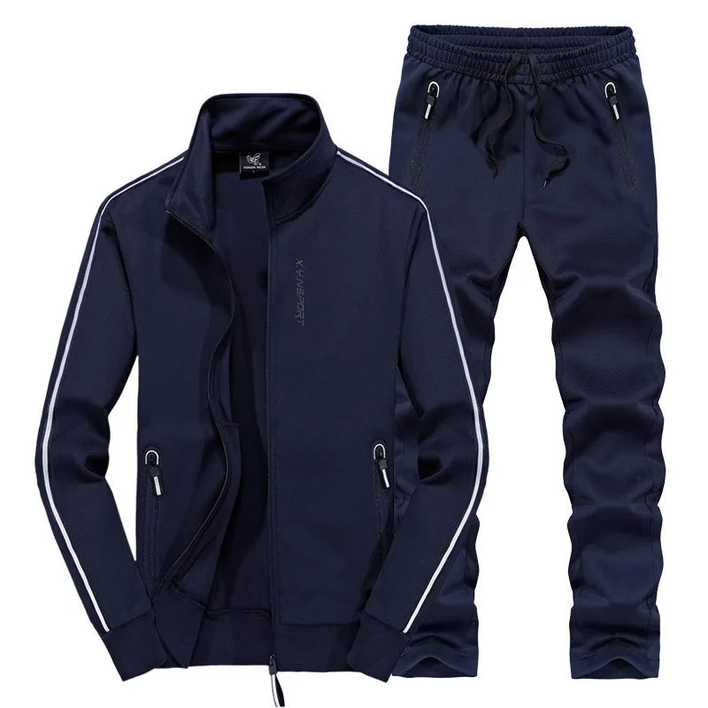 Мода 2019 г. демисезонный для мужчин спортивные костюм куртка + спортивные брюки комплект из двух предметов спортивный для Одежда