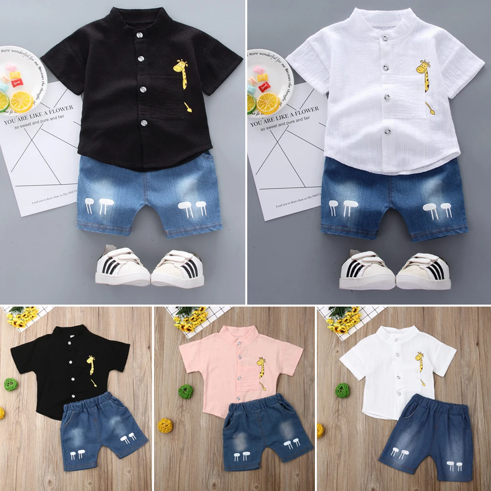 Pudcoco/Летняя одежда для маленьких мальчиков; однотонные топы с милым жирафом; джинсовые короткие штаны; 2 предмета; Oitfits; хлопковая повседневная одежда