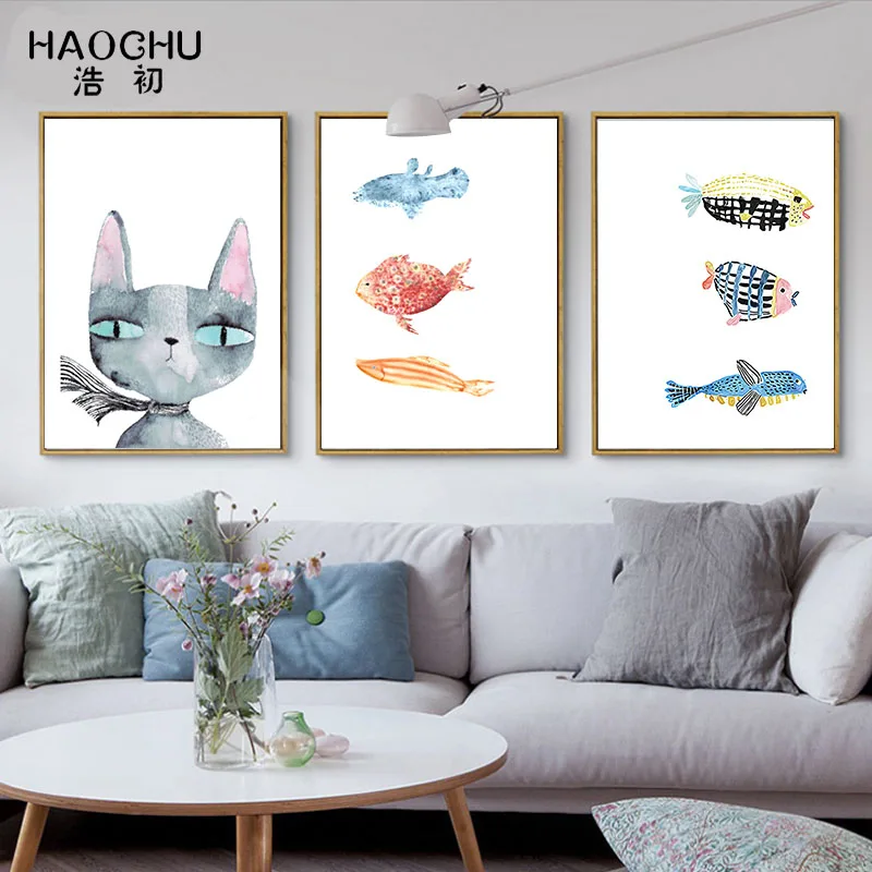 

HAOCHU animal cats and tank fish wall decorative painting bedroom poster Nordic canvas art printing living room home decoration