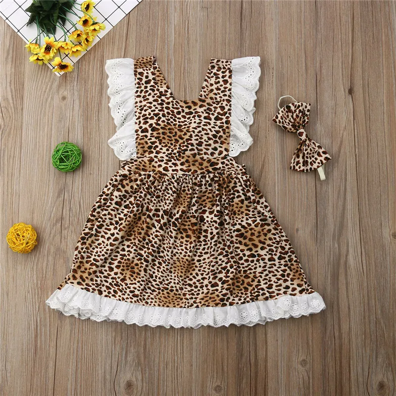 

Kids Baby Girls Clothes Sets Summer Leopard 2Pcs 1-6Y Fashion Lace Flying Sleeve Backless Dress Bow Headband Outfits