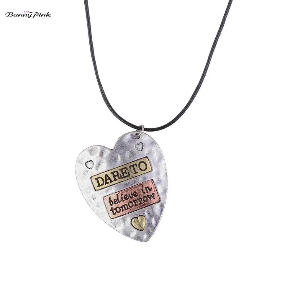 

Banny Pink Vintage Big Alloy Heart Pendant Necklace For Women Believe In Tomorrow long Necklace Ethnic Black Rope Sweater Chain