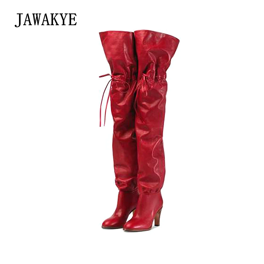 

New Sexy Women high heel Long Boots Red Black Leather Knee lace up Winter High Heel Shoes Fashion Thigh High Boots for women