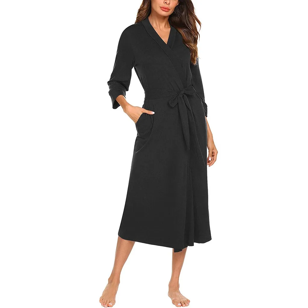 MUQGEW women nightwear sexy long bathrobe cotton Women's 4/3 Sleeve V-neck Lightweight With Belt Long Robe Bathrobe Sleepwear#g3