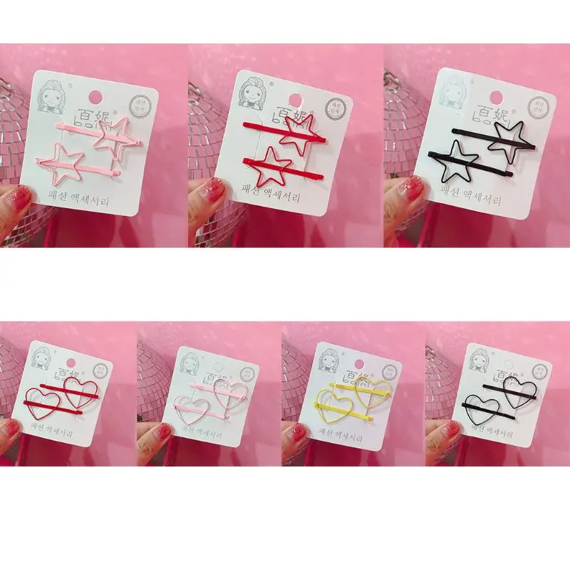 

2Pcs/Pair Women Girls Metal Alloy Bobby Hair Clips Hollow Out Heart Love Shape BB Hairgrips Candy Solid Color Straight Barrettes