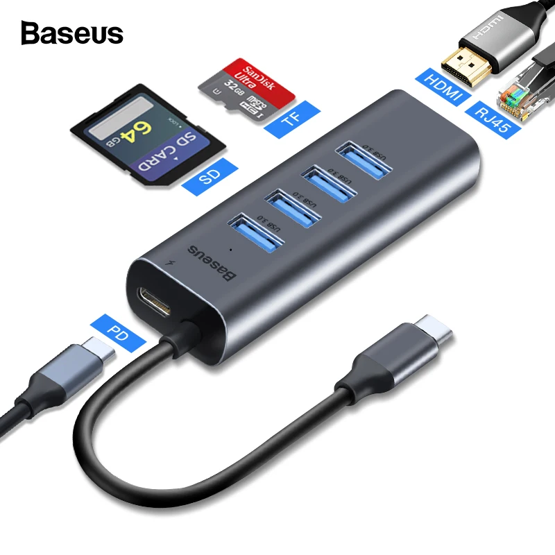 Скидка Baseus USB C концентратор Type C концентратор для HDMI Ethernet мульти USB 3,0 Порт Thunderbolt 3 2 адаптер питания для MacBook Pro Air Dock USB C концентратор