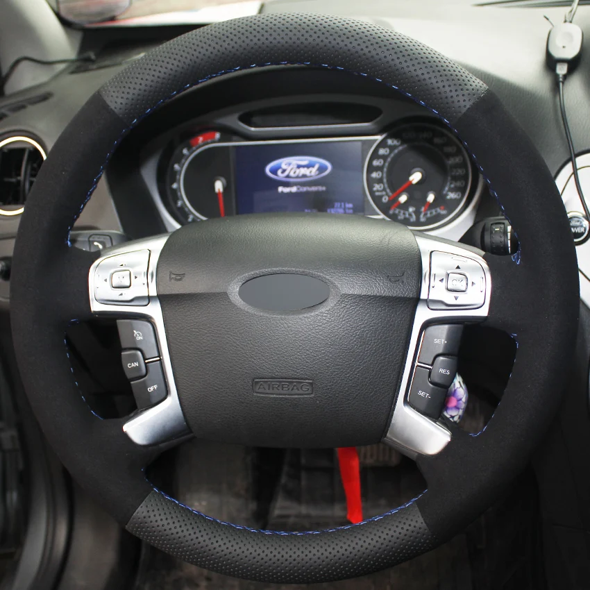 Black Genuine Leather Black Suede Car Steering Wheel Cover for Ford