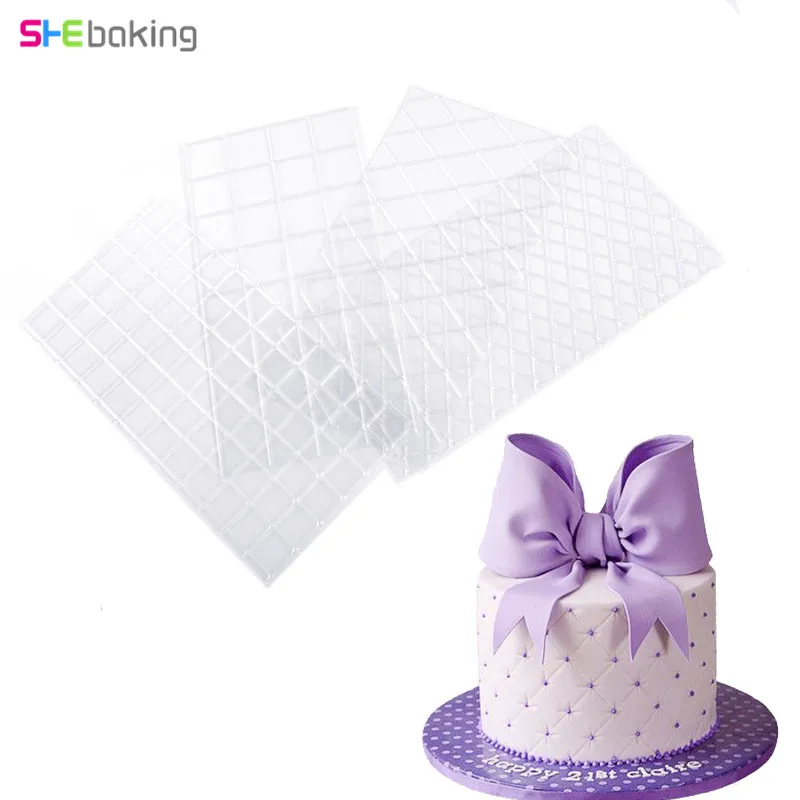 

Shebaking 4pc/set Plastic Transparent Texture Lattic Mat Cake Border Decorating Tools DIY Cake Fondant Printing Stencils Mold