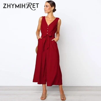 

ZHYMIHRE Sexy V Neck Cotton Summer Jumpsuit Women 2019 Buttons Wide Leg Monos Largos Mujer Pantalon Largo Casual Rompers Sashes