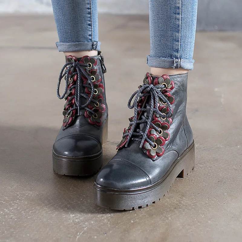 2018 Botas Lace Femeninos Up Brown Zapatos Mujer Martin Genuino E Cuero Grueso Invierno grey De Otoño Tacón Retro Botines vqwrgYHnv