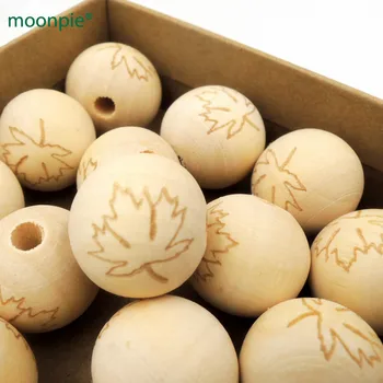 

20mm wood round ball bead maple leaf for teether shaped burnt engrave diy accessory pattern wooden craft canada flat EA149