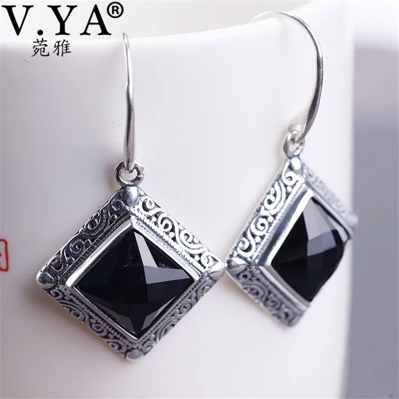 

V.YA Real 925 Sterling Silver Earrings with Black Onyx Stone Natural Creative Earrings Dangles for Women Brincos