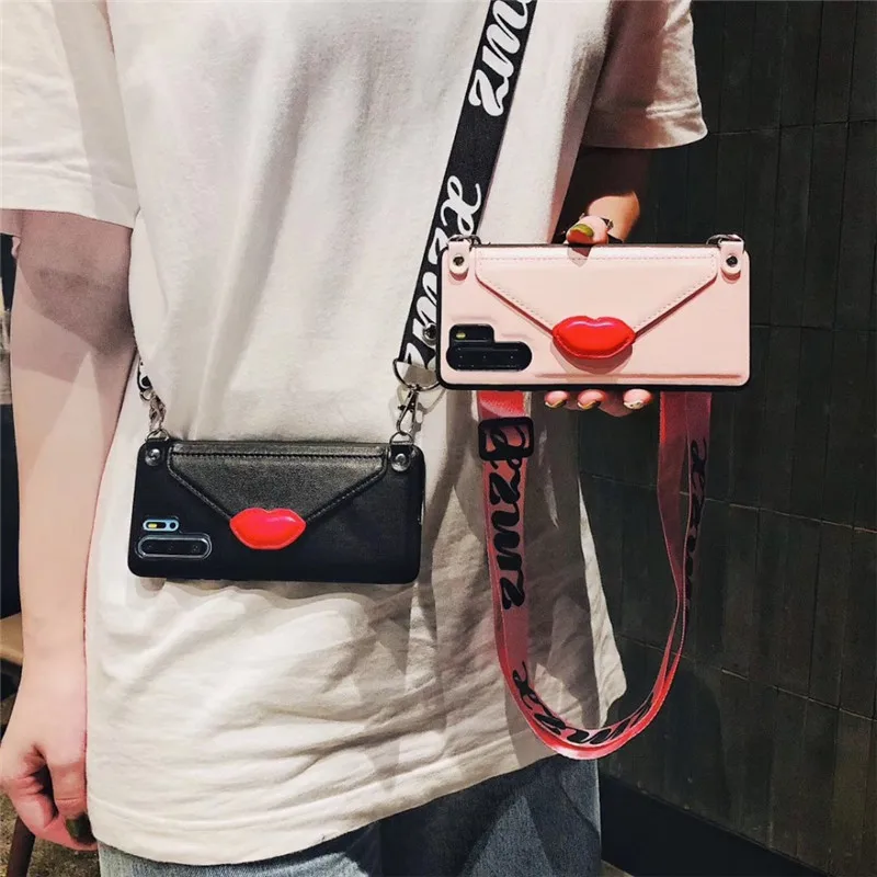 

wallet card shoulder strap case for huawei P30 P20 pro mate 20 pro honor 10 20 nova 3 4 5 case cover luxury red lip leather phon