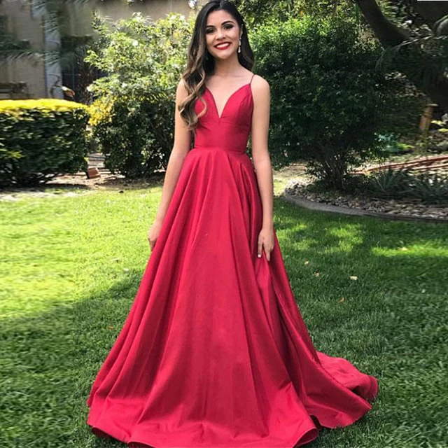 

Elegant V-Neck Spaghetti Strap Open Back Red Prom Dress abiye gece elbisesi Sleeveless Satin Evening Dresses Long