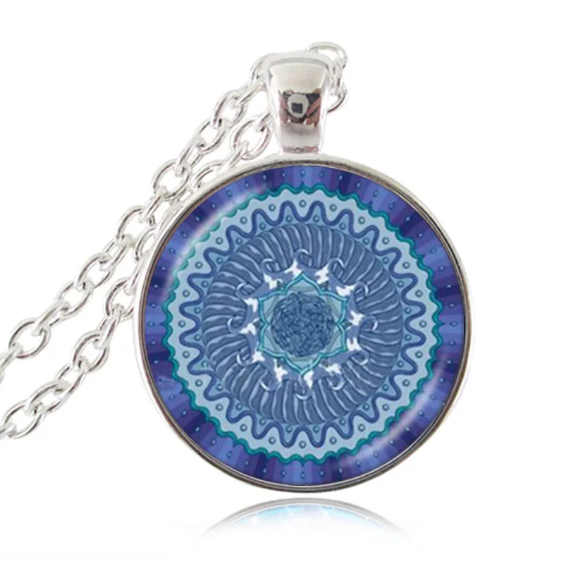 Glass Cabochon Water Mandala Flower Pendant Yoga Time Gem Necklace Om Symbol Jewelry Buddhism Meditation Silver Sweater | Украшения и