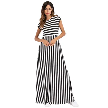 

European and American Women Fashion Round Neck Sleeveless Stripes Skirt Women Gown Musulman Abaya Hijab Corban Ramadan Day Robes