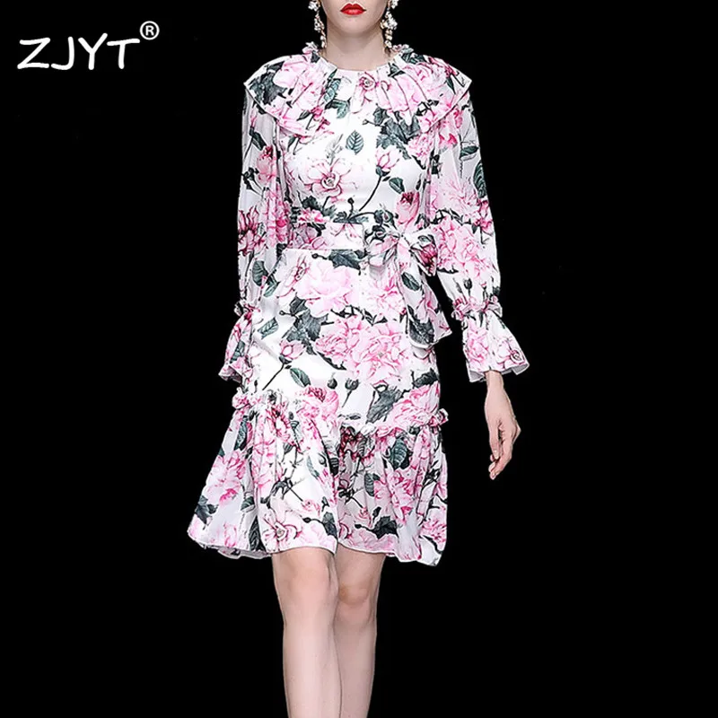 

2019 Runway Dress Women High Quality Fashion Designer Long Sleeve Ruffles Lace Up Sweet Print Floral Dress Party Autumn Vestidos