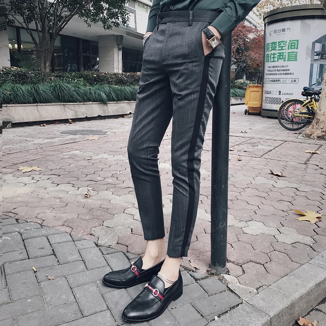 Pin Stripe Men Dress Pants Slim Fit With Side Tape Fashion