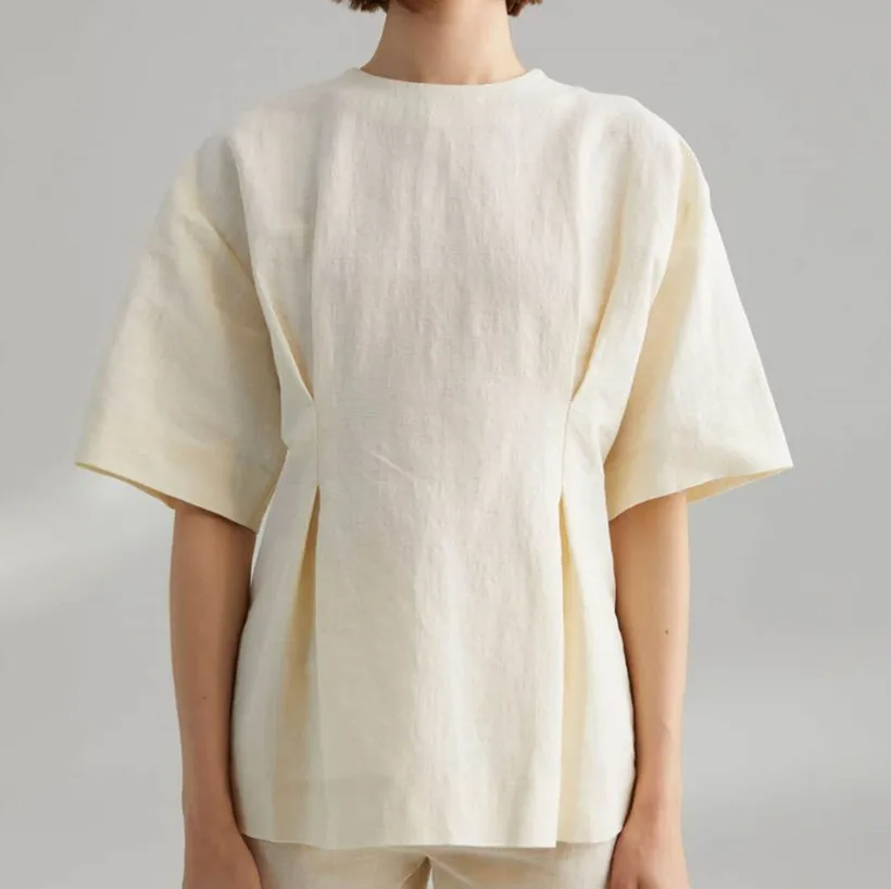 Женская плиссированная блузка из хлопка и льна с круглым вырезом в скандинавском стиле