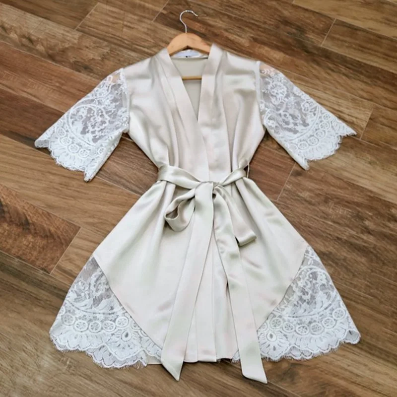 

Newest Women's Silk Lace Bathing Robe Lingerie Sexy Mini Dress Wedding Bridesmaid Sleepwear Bathrobe