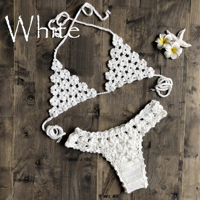 crochet bikini Summer New Women Flower Hollow out Sexy bikini Set Beach Split Swimsuit crochet Backless Bras Thong Bottoms