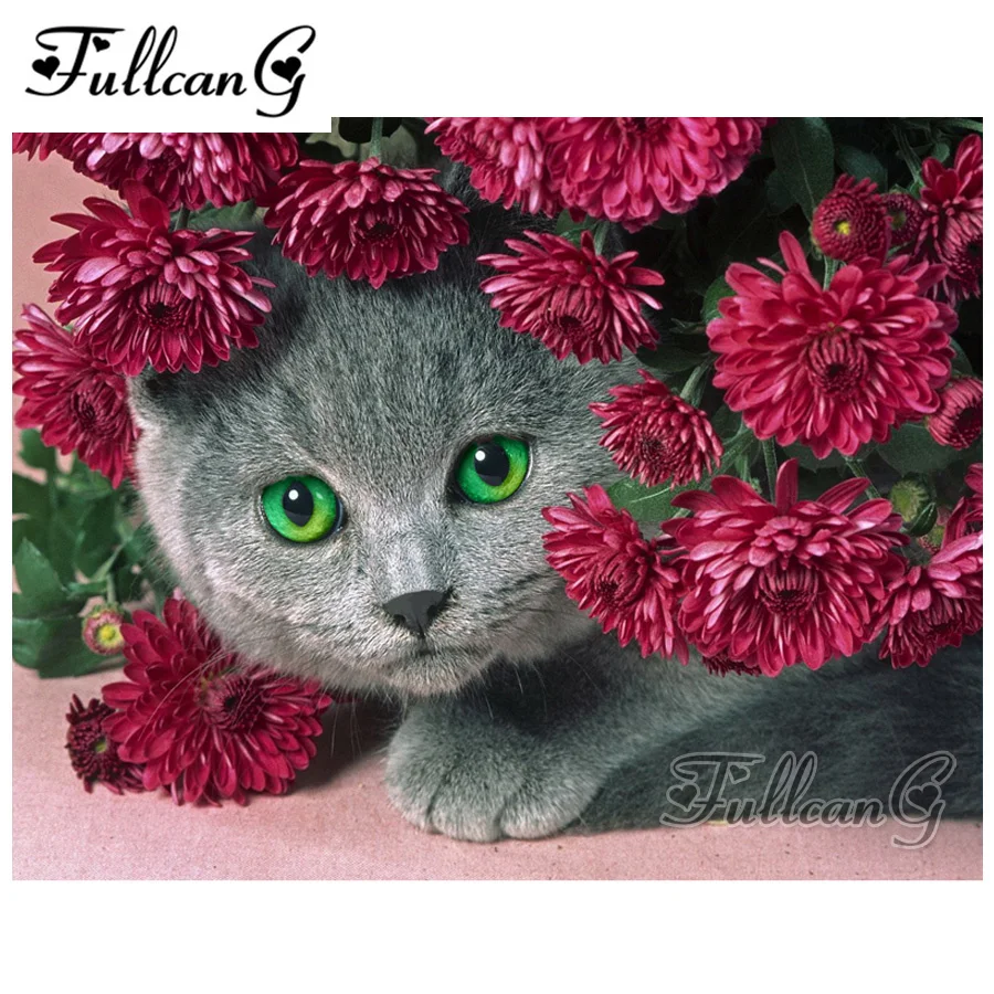 

FULLCANG diy diamond painting "green eye cat & flower" full square drill mosaic embroidery 5d cross stitch home decor G920