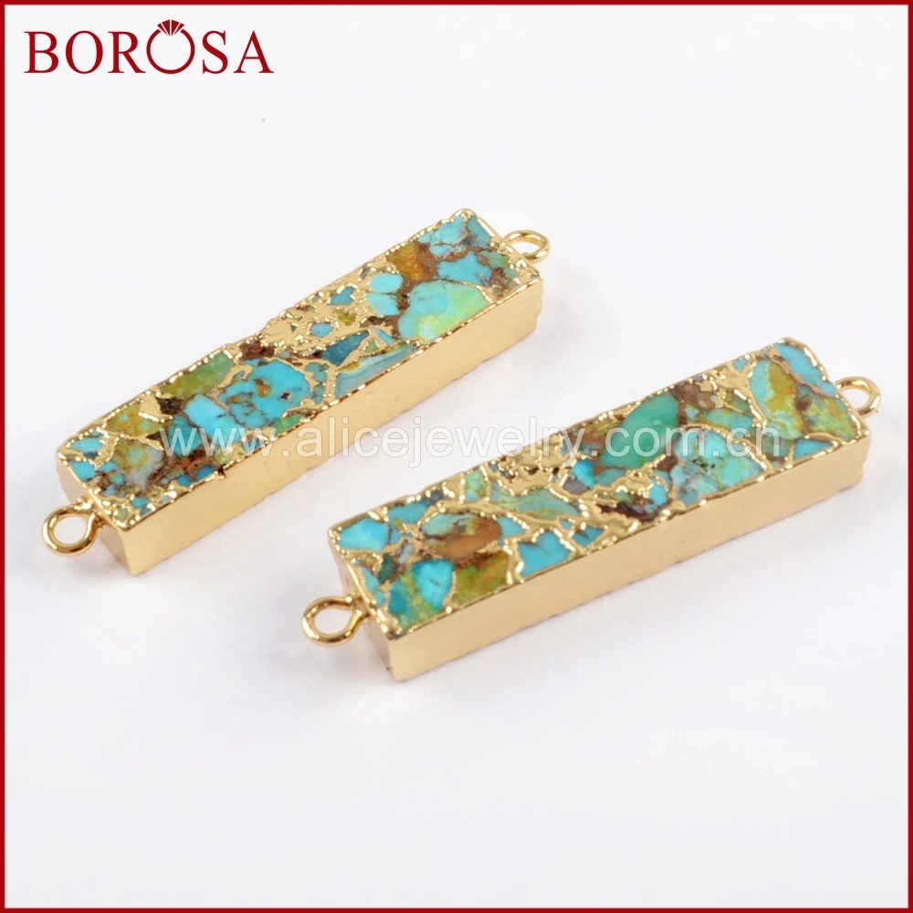 BOROSA 5/10PCS Gold Color Rectangle Copper Turquoises Connector Natural Blue Stone Double Charms Gems for Necklace Jewelry G1650 6