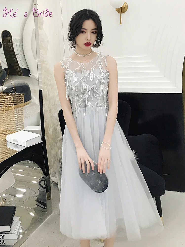 

He's Bride New Short Cocktail Dress Simple Gray Tea-Length Sleeveless Sequins Formal Party Gowns for Women Robe De Soiree