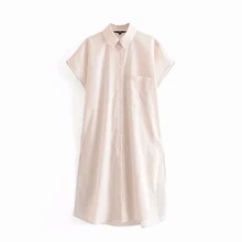 Stripe Shirt Dress Women's Casual Button Slim Mid-Calf Summer Short Sleeve Loose Dress Fashion Beach Dresses with Pocket