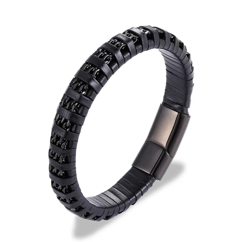 Модный черный плетеный браслет из натуральной кожи, Мужская цепочка, браслеты с магнитной застежкой из нержавеющей стали, мужские ювелирные изделия, подарки, браслеты - Окраска металла: Black