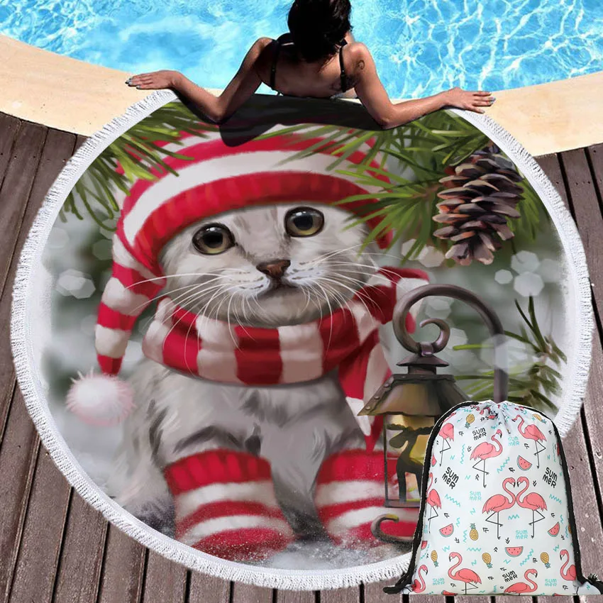 Best Cat Dog Panda Summer Round Beach Towel Microfiber with Drawstring Backpack Bag Bath Shower Towels Yoga Mat Blanket with Tassels