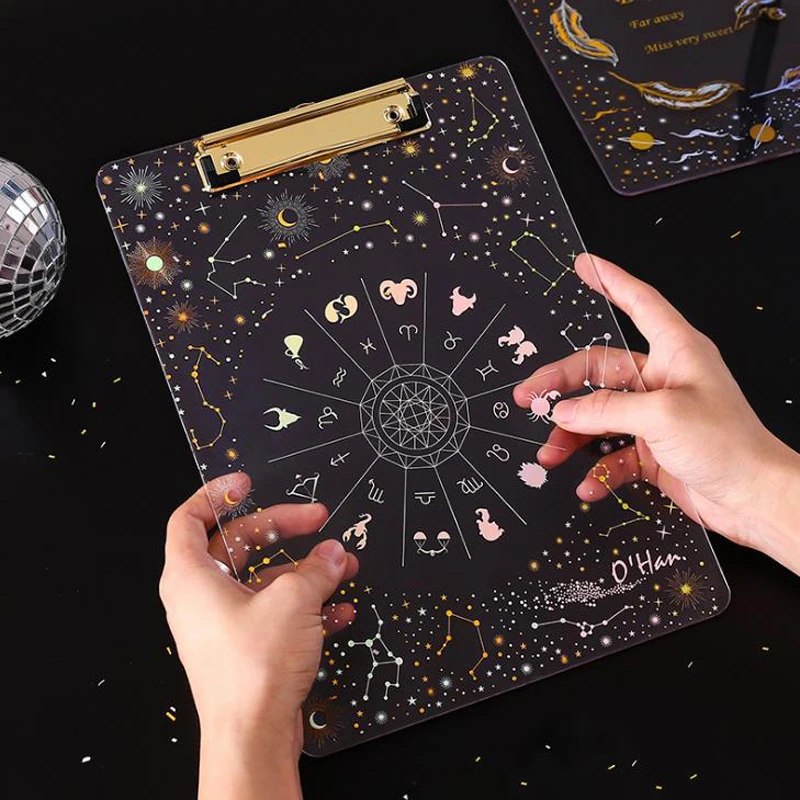 

1 Pcs Kawaii Transparent Starry Sky Feather A4 Document File Folder Clip Board Student Stationery Plastic Writing Hard Board