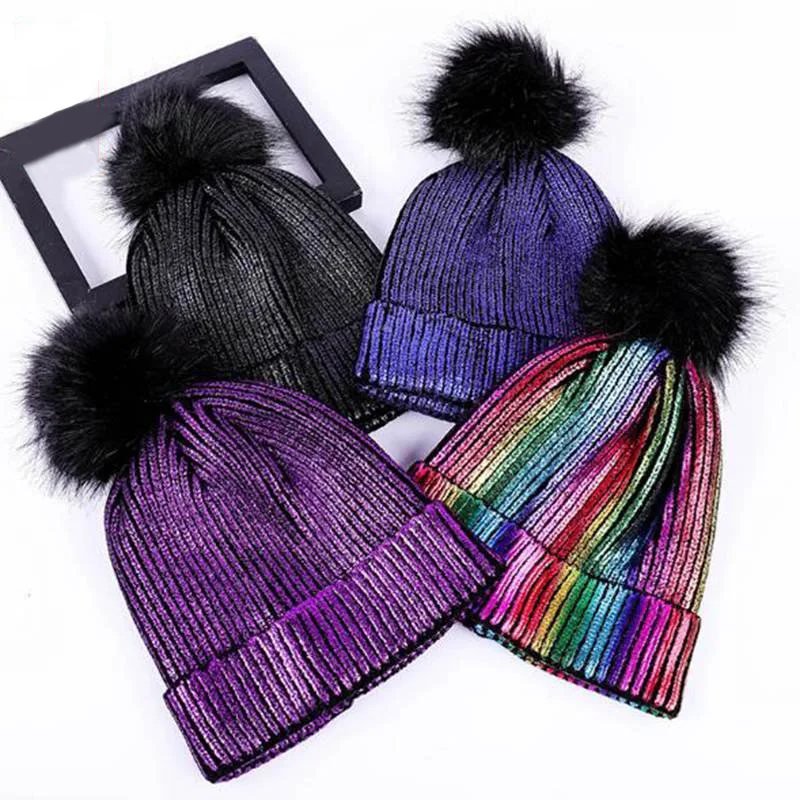 Knitted Bronzing Gold Silver Beanie Cap Pompom Winter Hats For Women Fur Pom Pom Ball Hat Ladies Girls Warm Skullies Beanies