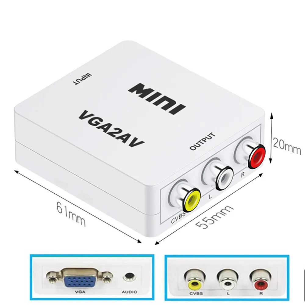 

1080P Mini VGA to AV RCA Converter with 3.5mm Audio VGA2AV/CVBS Adapter for PC to HD TV Convert NTSC PAL SXGA 1920x1080