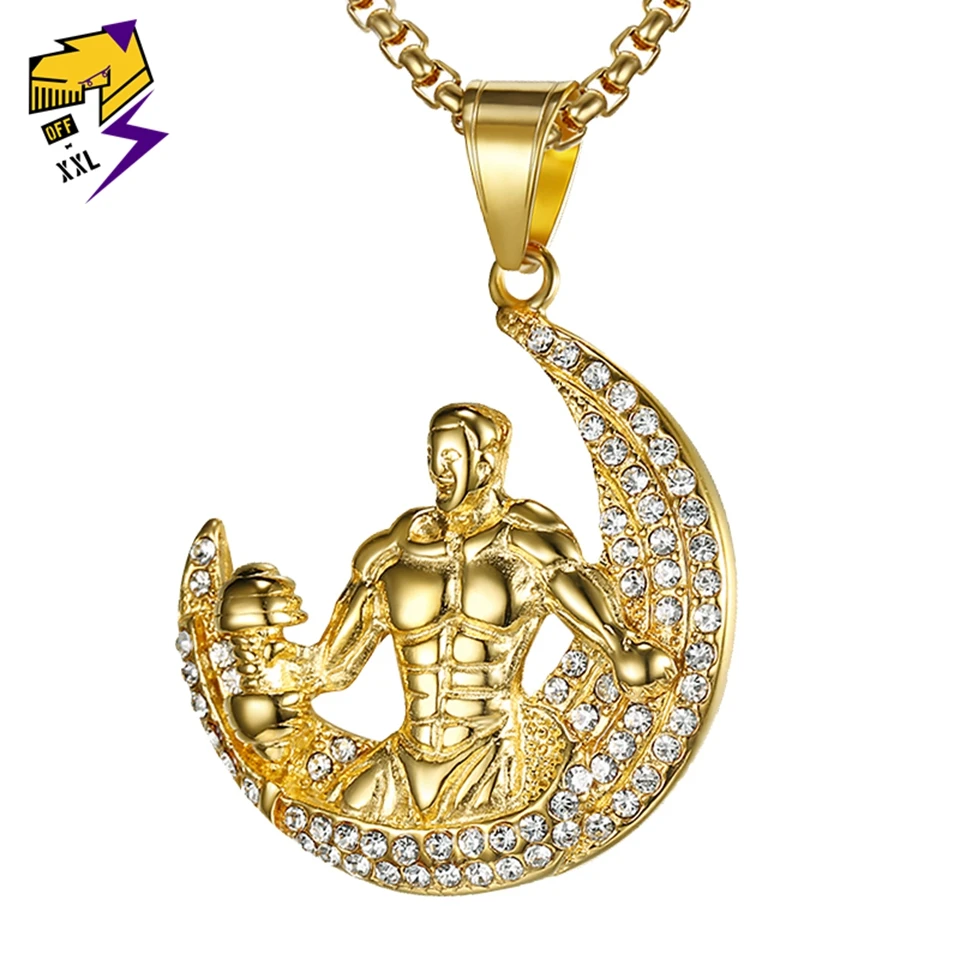 

Casual Sporty Crystal Dumbbell Necklaces & Pendant Fitness Muscle Men Necklace Gold Color Stainless Steel Moon Shape Jewelry