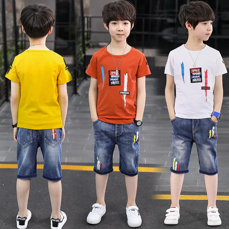 Комплект одежды для подростков; Детская летняя одежда для мальчиков; футболка с геометрическим рисунком джентльмена; джинсовые шорты с принтом; комплект из 2 предметов; Прямая поставка