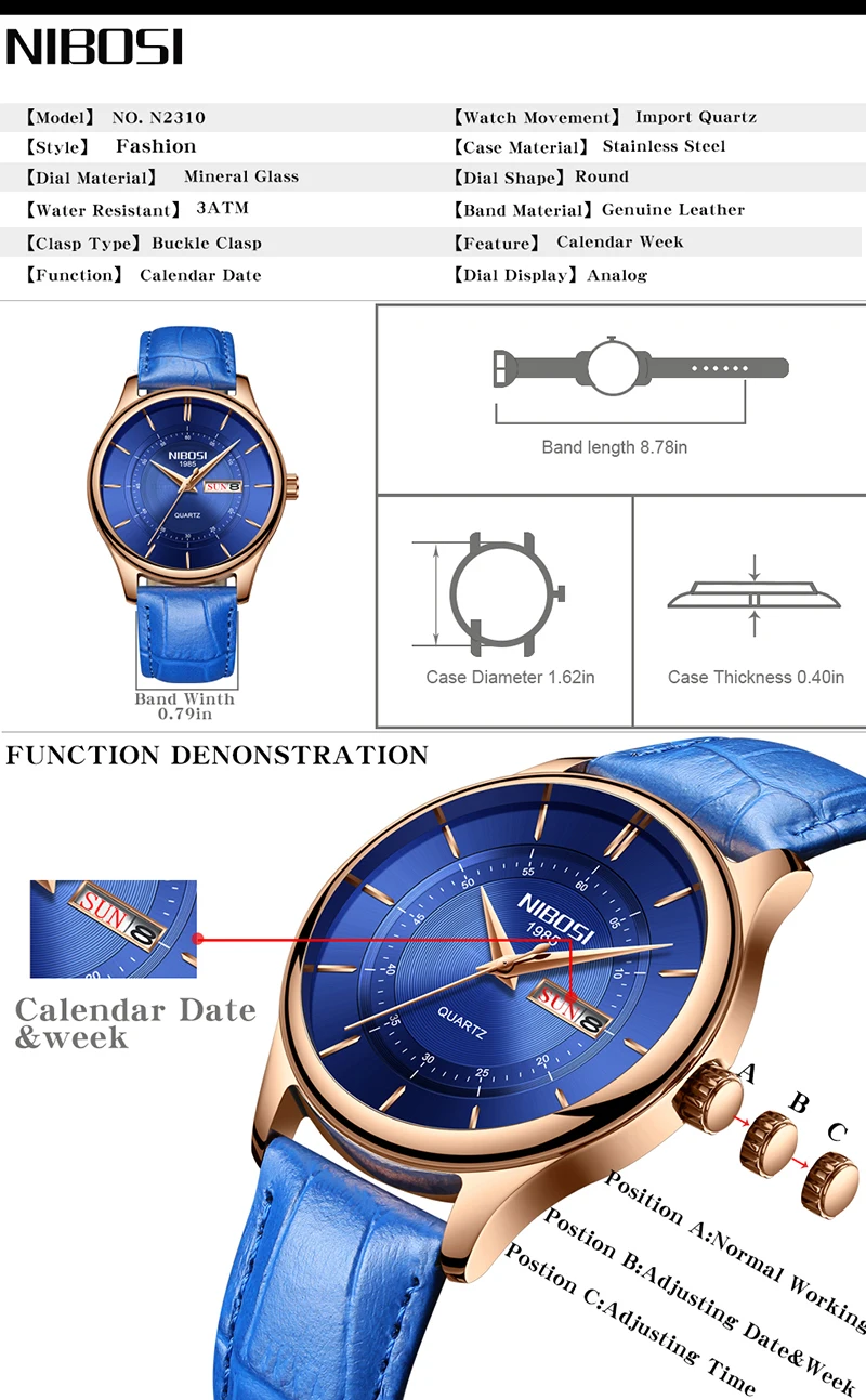 Relogio NIBOSI Watch Men Waterproof Leather And Steel Band Men Watch Date Day Blue Wrist Watch Analog Quartz Fashion Male Clock  (4)