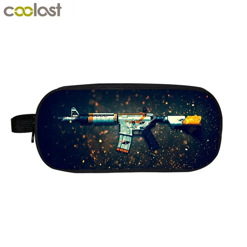 Cool Gun Pattern Pencil Holder Girls School Case Submachine Gun Print Functional Bag Women Make up