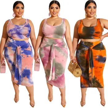 

Summer Plump Women Suit Sexy Plus Size Tie Dye Printed Tank Sets Short Tops Bandage Skirts For High Street Tracksuits 3XL 4XL