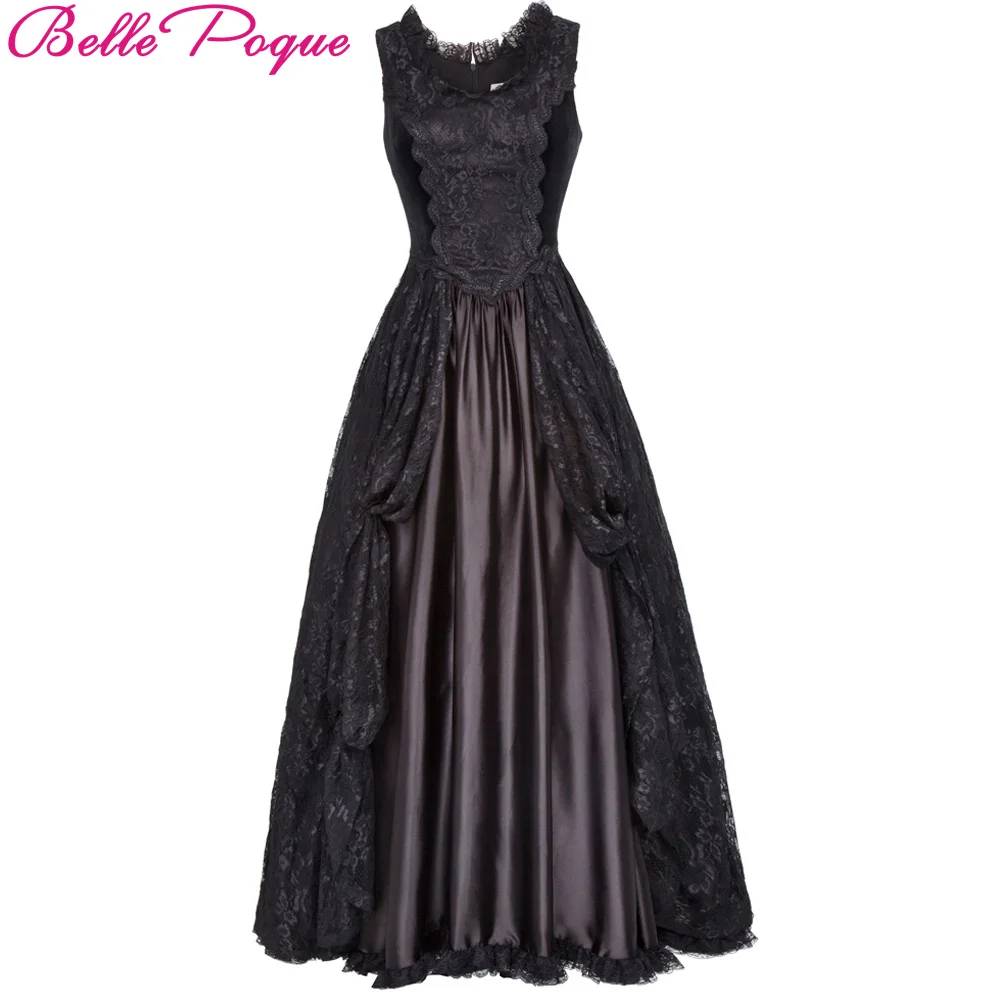 

BP Women Medieval Long Dress Black Lace Satin Sleeveless Maxi Dresses Gowns Victorian Gothic Vintage Party Female Dress