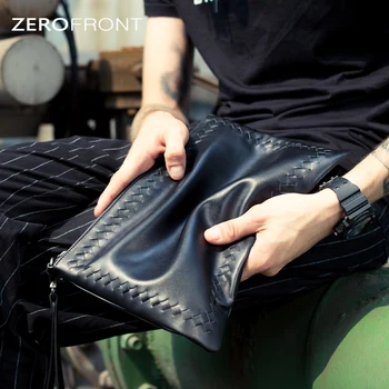 

ZEROFRONT Men's Real Woven Leather Clutches First Layer Leather Tote 2018 New Fashion Men's Wallet Soft Leather Clutch black