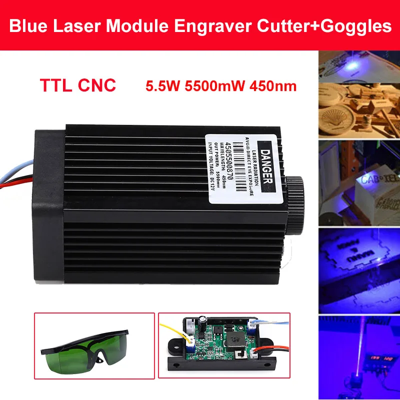 5,5 Вт 5500 МВт 450 нм синий лазерный модуль DIY лазерная головка для лазерной головки с ЧПУ гравировальный Модуль и лазерная режущая головка с бесплатными очками