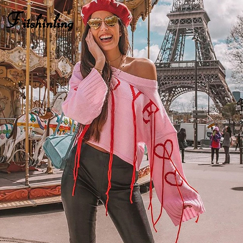 

Fitshinling Cute Pink Female Sweater Jumper Letter Korean Style Women Sweaters Pullovers Knitwear Slim Long Sleeve Pull Femme